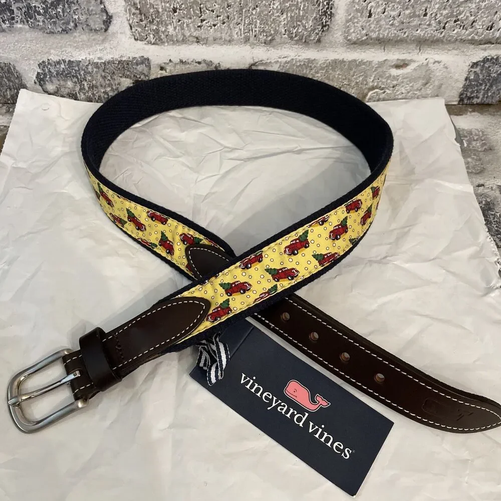 NWT Vineyard Vines Boy's Christmas Truck & Tree Canvas Club Belt Yellow Size 28